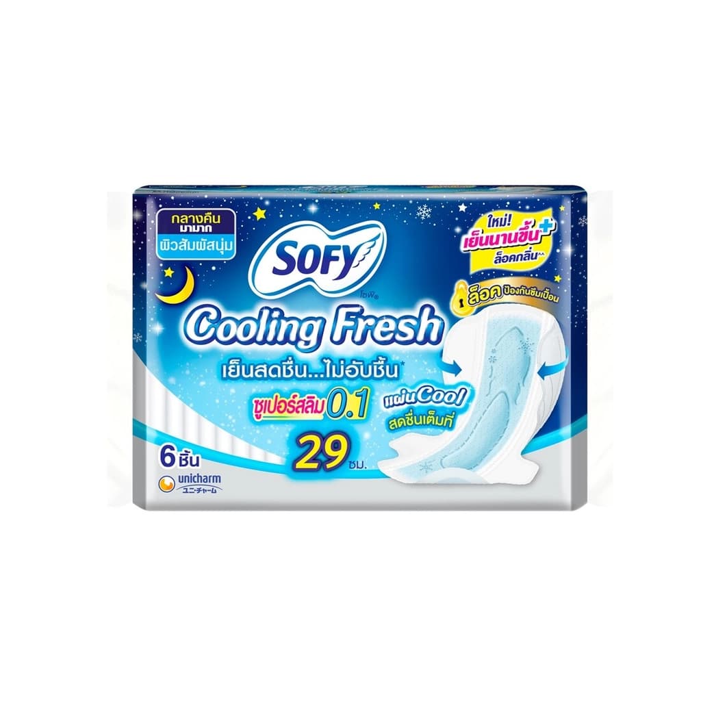 โซฟี คูลลิ่ง เฟรช ซูเปอร์สลิม 0.1 กลางคืน มีปีก 29ซม. 6 ชิ้น