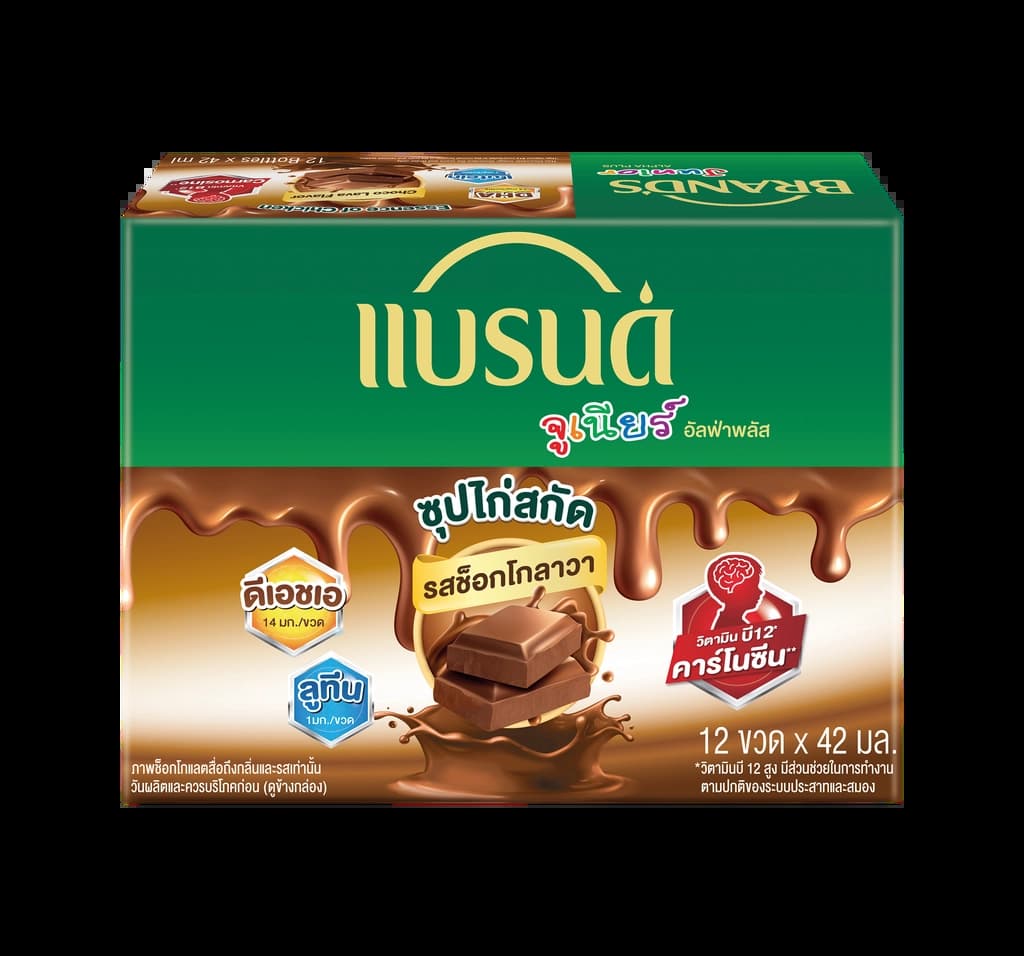 แบรนด์จูเนียร์ซุปไก่สกัด สูตรอัลฟ่าพลัส รสช็อกโกลาวา 42 มล. แพค 12