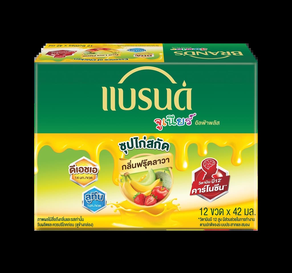แบรนด์จูเนียร์ซุปไก่สกัด สูตรอัลฟ่าพลัส กลิ่นฟรุ๊ตลาวา 42 มล. แพ็ค 12