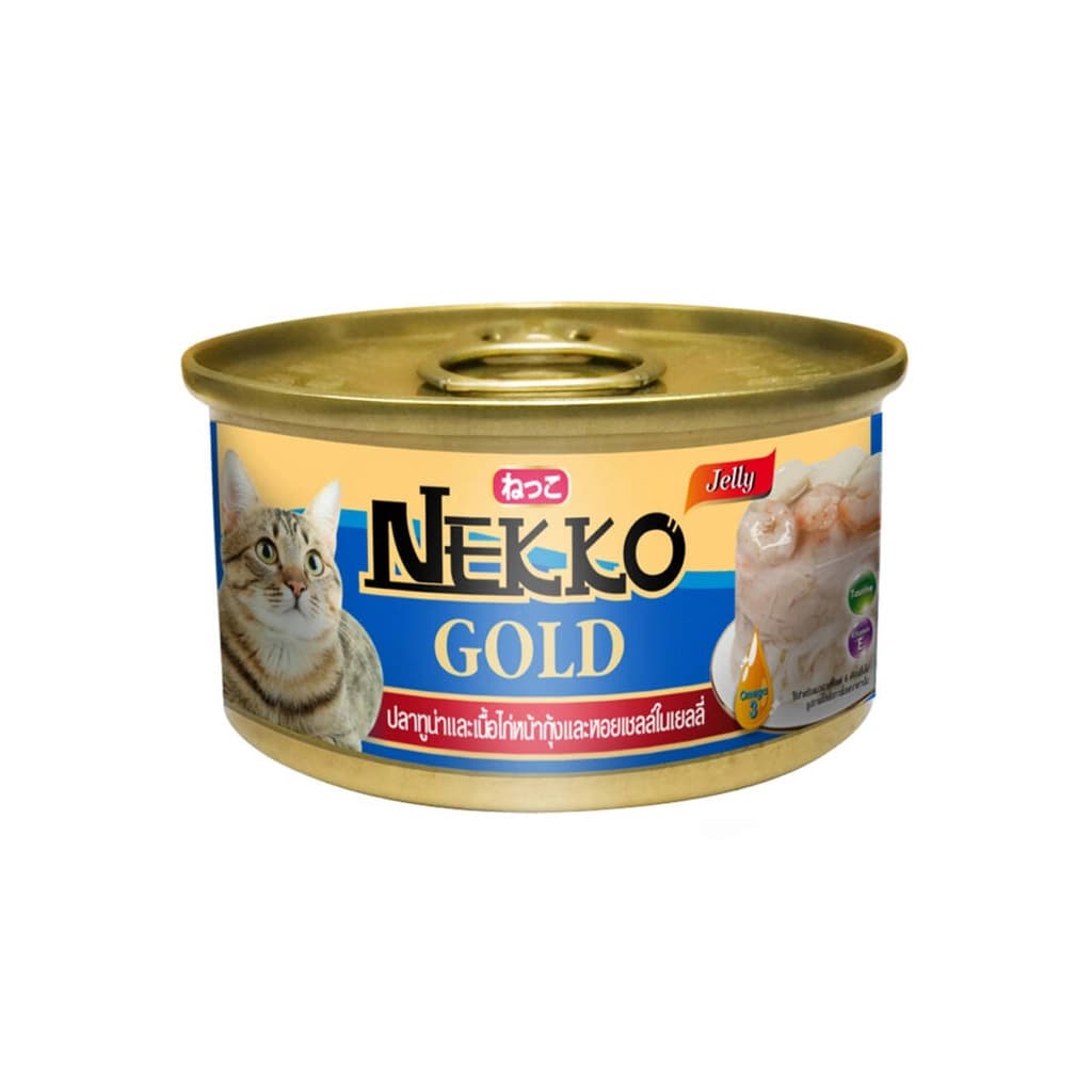 Nekko Tuna and Chicken Topping Shrimp and Scallop in Jelly 85G.