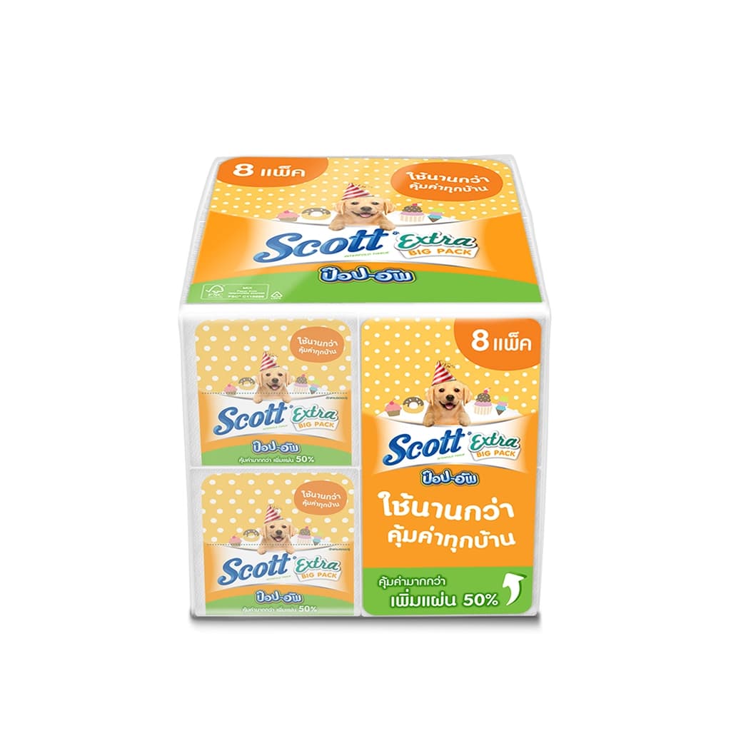 สก๊อตต์ เอ็กซ์ตร้า กระดาษชำระ หนา 2 ชั้น ป๊อป-อัพ 135 แผ่น แพ็ค 8
