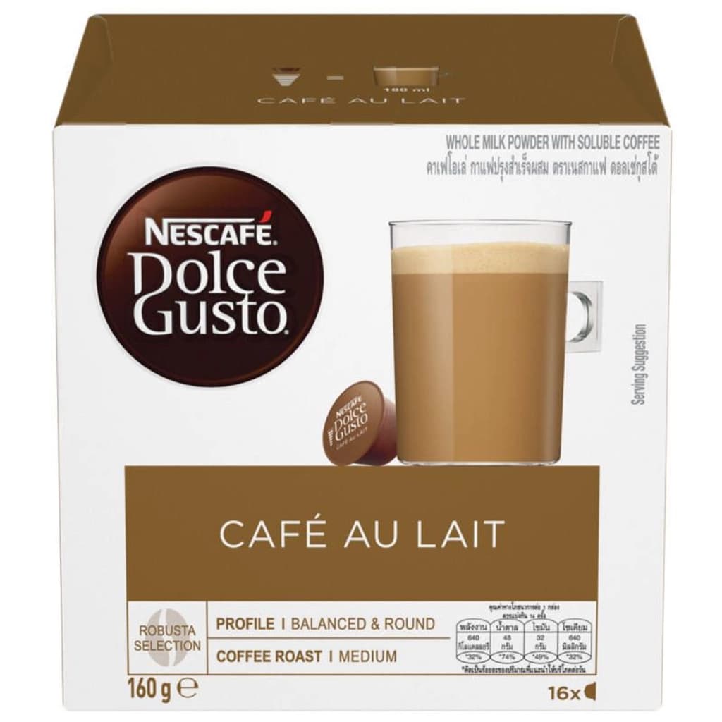 Nescafe Dolce Gusto Roast and Ground Coffee Cafe Au Lait, 16capsules 160G.