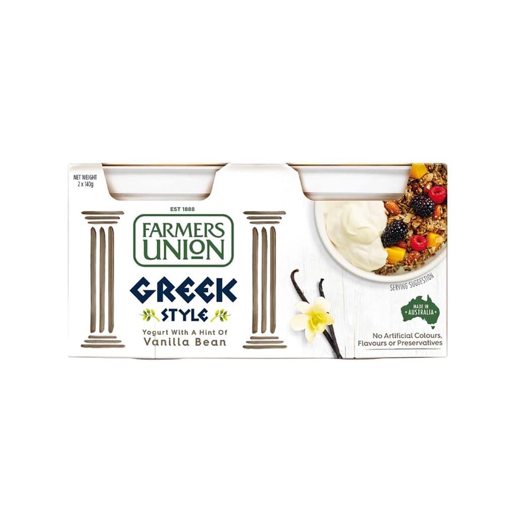 Farmers Union Natural Yogurt Greek Style Hint of Vanilla Bean 140G. Pack 2