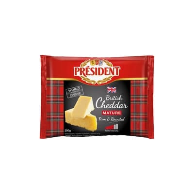 President Mature Cheddar Cheese Block 200G. Pack 8
